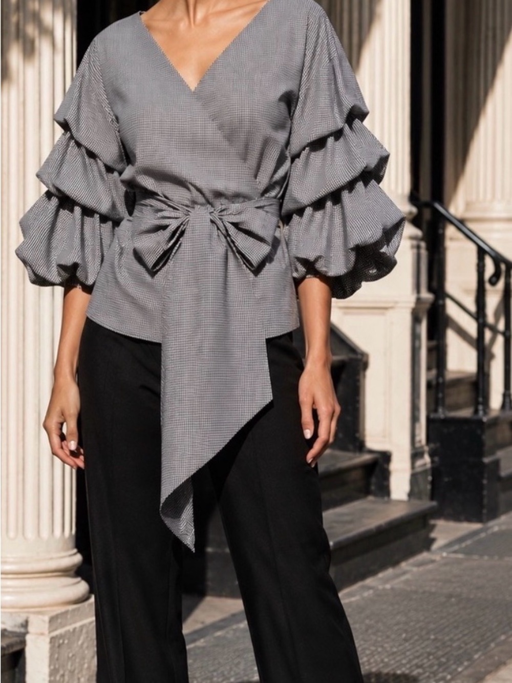 Gracia Black-and-White Tiered-Ruffle Wrap Blouse with Waist Tie
